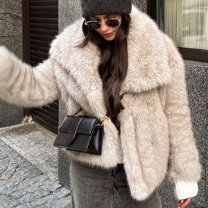 Cream Faux Fur Coat Jacket fluffy collar short jacket